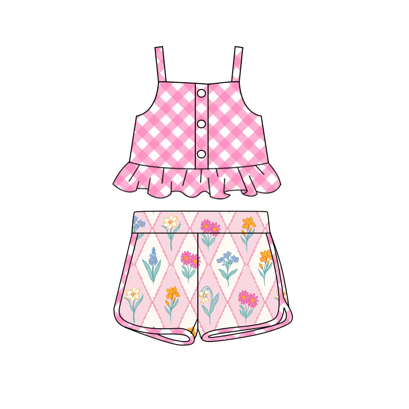 Preorder (moq 5)Baby Girls Pink Checkered Straps Top Flowers Shorts Clothes Sets