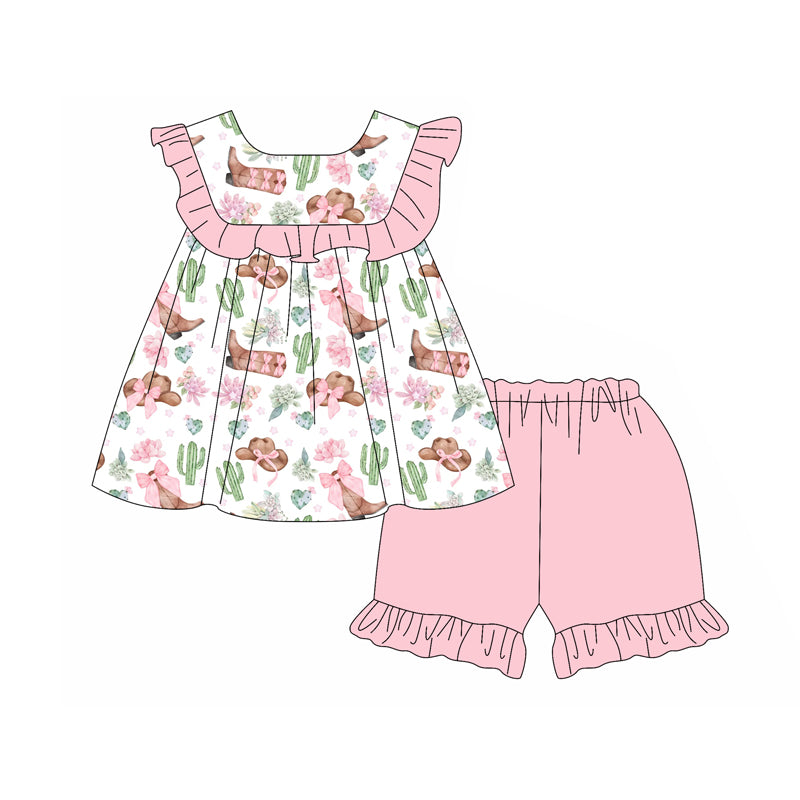 Preorder (moq 5)Baby Girls Pink Western Boots Tunic Ruffle Shorts Clothes Sets