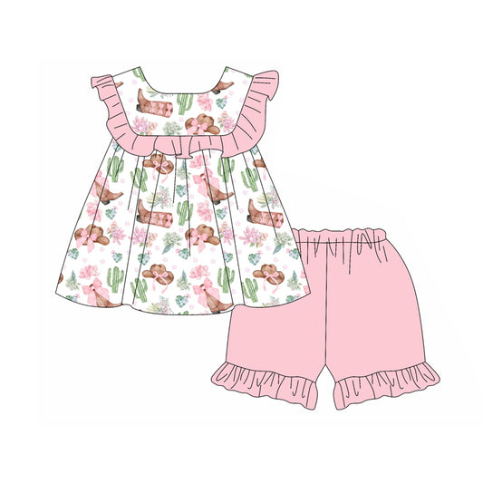 Preorder (moq 5)Baby Girls Pink Western Boots Tunic Ruffle Shorts Clothes Sets