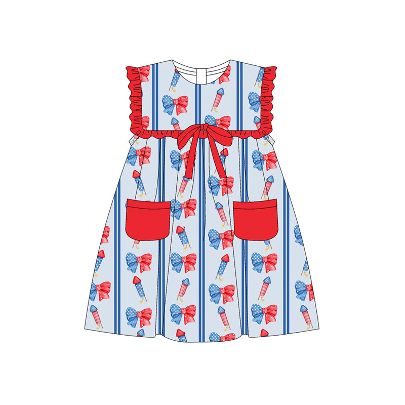 Preorder (moq 5)Baby Girls Sleeveless Blue Red Fireworks Bows Pockets 4th Of July Knee Length Dresses