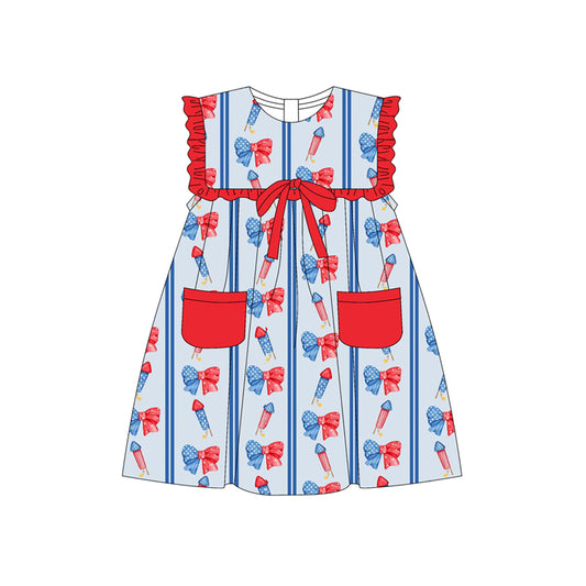 Preorder (moq 5)Baby Girls Sleeveless Blue Red Fireworks Bows Pockets 4th Of July Knee Length Dresses