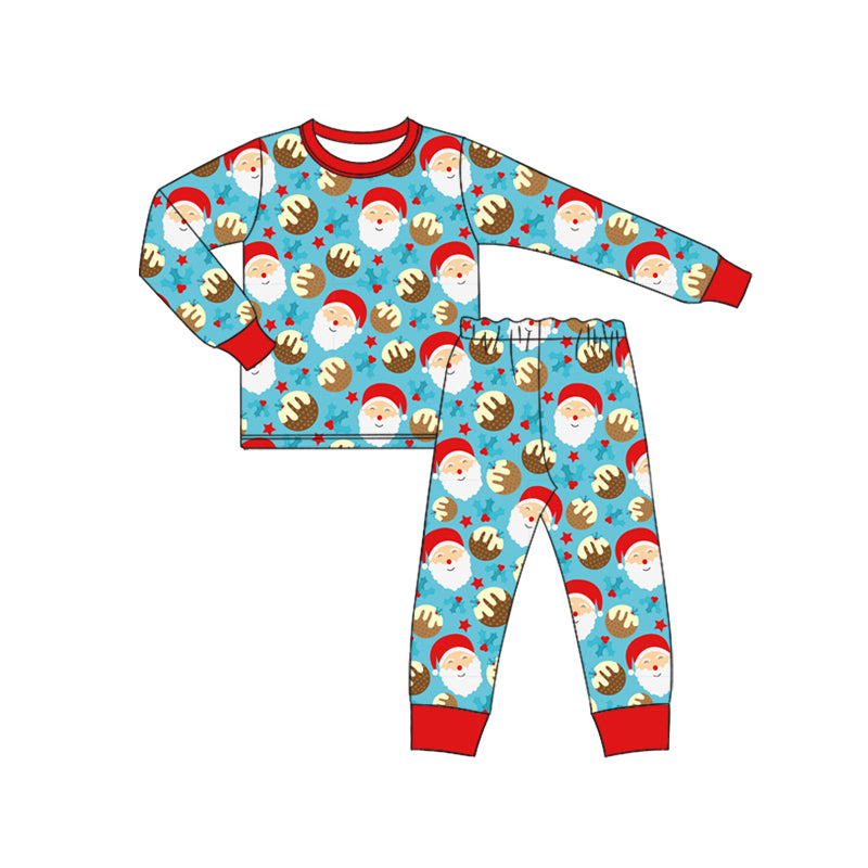 Preorder (moq 5)Baby Boys Blue Long Sleeves Stars Hearts Santa Top Pant Pajamas Sets