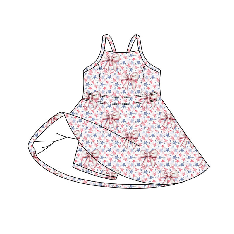 Preorder (moq 5)Baby Girls Strap Stars Bows 4th of July Shorts Knee Length Dresses