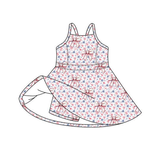 Preorder (moq 5)Baby Girls Strap Stars Bows 4th of July Shorts Knee Length Dresses