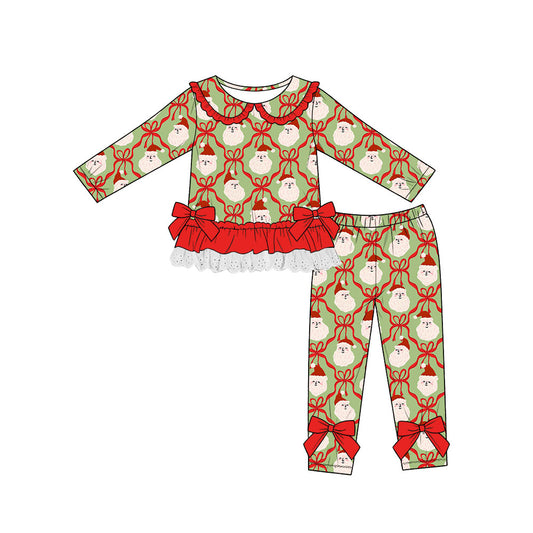 Preorder (moq 5)Baby Girls Santa Bows Checked Lace Ruffle Top Leggings Christmas Sets