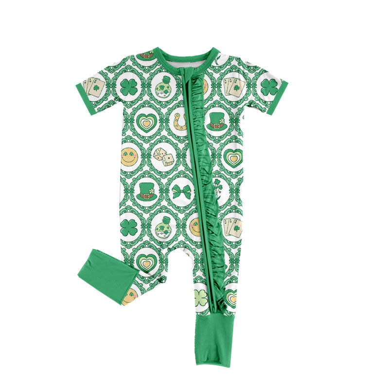 Preorder (moq 5) Baby Girl Clothes St Patrick’s Day Clover Vintage Frame Print Short Sleeve Zipper Ruffle Romper