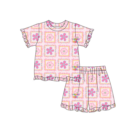 Preorder (moq 5)Baby Girls Pink Stripe Flowers Top Ruffle Shorts Clothes Sets