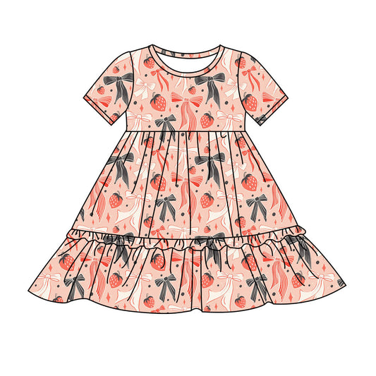 Preorder(moq 8)Baby Girls Red Black Strawberry Plaid Ruffle Knee Length Dresses