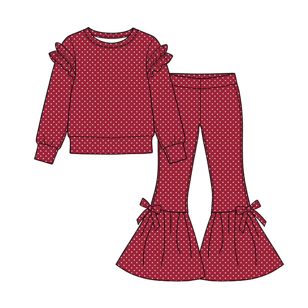 Preorder (moq 5) Baby Girl Clothes Wine Red White Polka Dot Mixed Print Long Sleeve Flare Pant Set