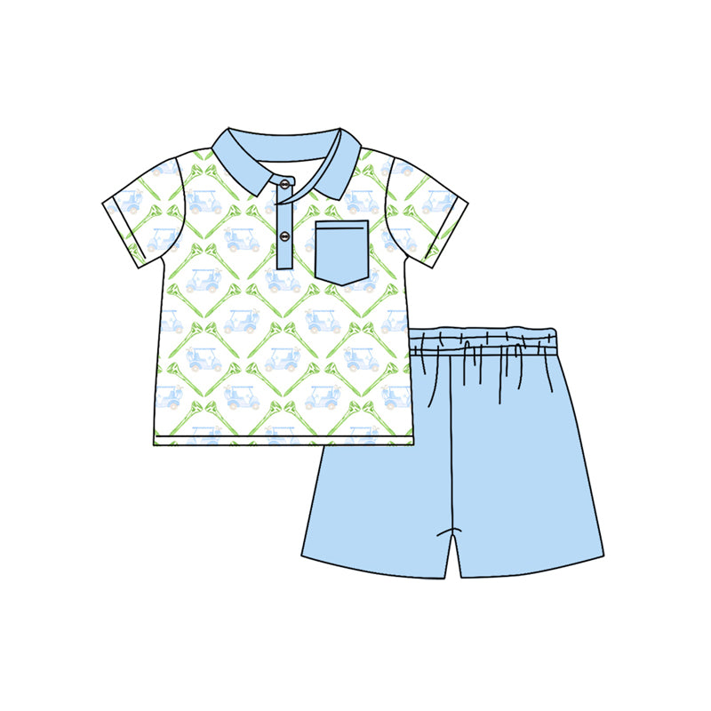 Preorder (moq 5)Baby Boys Short Sleeves Blue Golf Trucks Button Pocket Top Short Set Preorder
