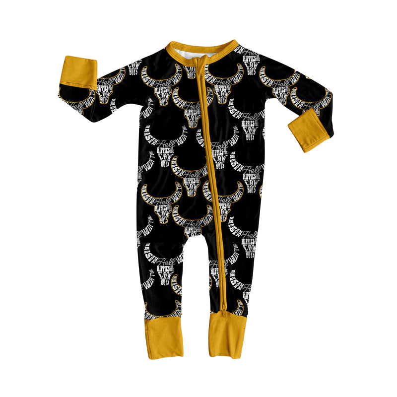 Preorder (moq 5)Baby Boys Black Bull Skulls Cowboys Western Two Way Zip Convertible Rompers