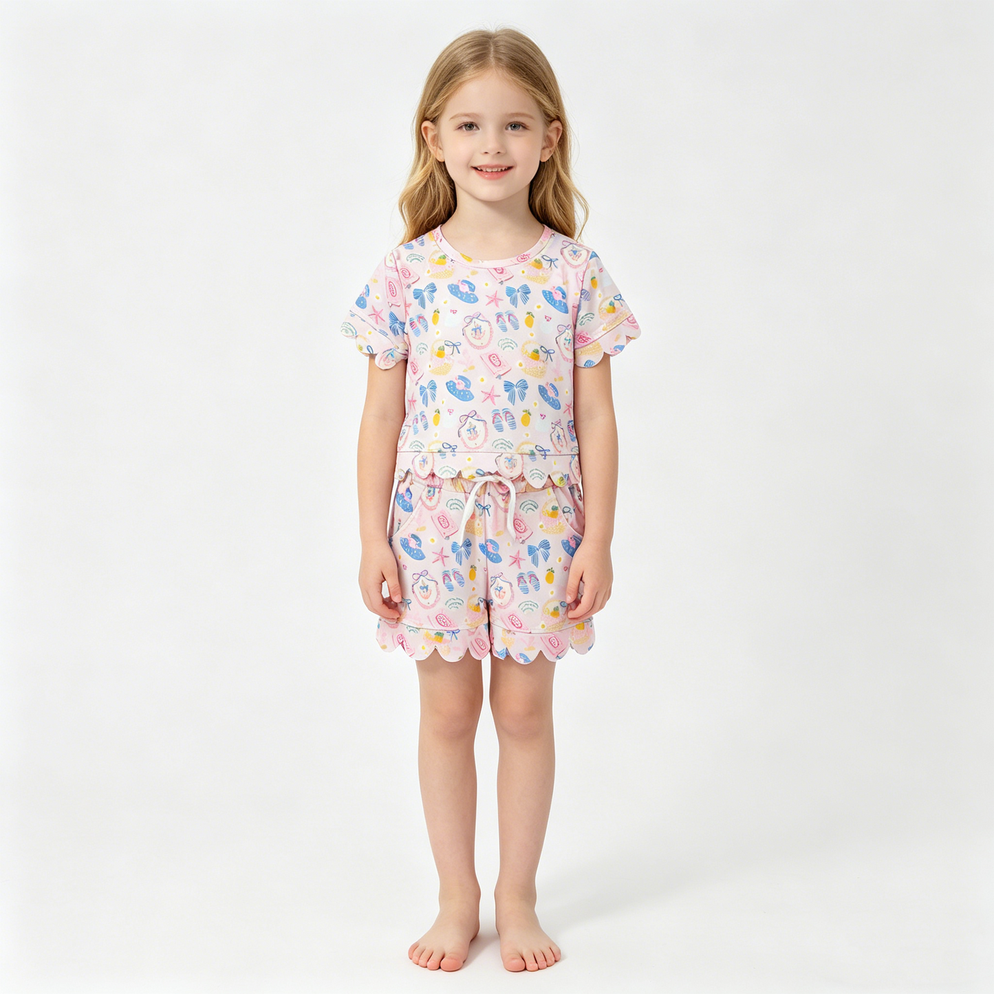 Baby Girls Beach Flowers Top Pockets Short Scallop Clothes Sets