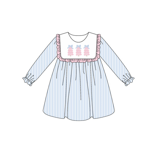 Preorder (moq 5)Baby Girls Long Ruffle Sleeves Blue Stripe Trees Knee Length Dresses