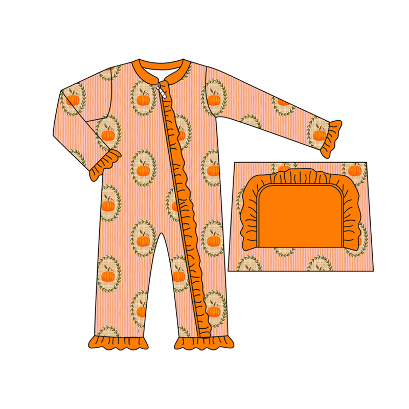 Preorder moq 5 Baby Infant Girls Long Sleeves Orange Pumpkins Plaid Ruffle Zipper Romper