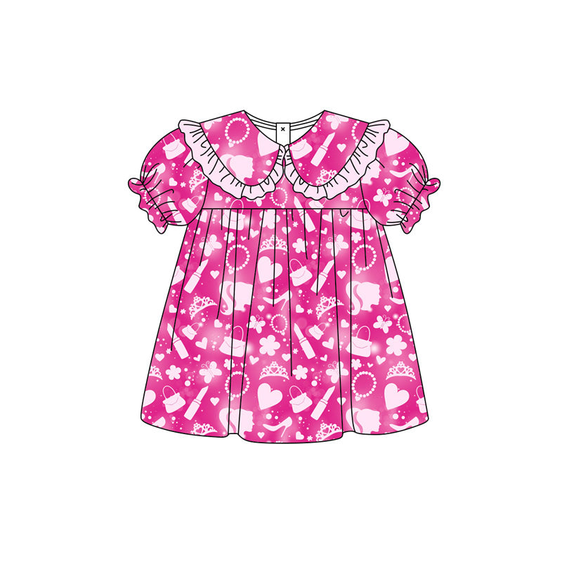 Preorder (moq 5)Baby Girls Short Ruffle Sleeve Cartoon Dolls Collar Knee Length Dresses