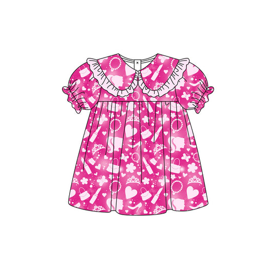Preorder (moq 5)Baby Girls Short Ruffle Sleeve Cartoon Dolls Collar Knee Length Dresses