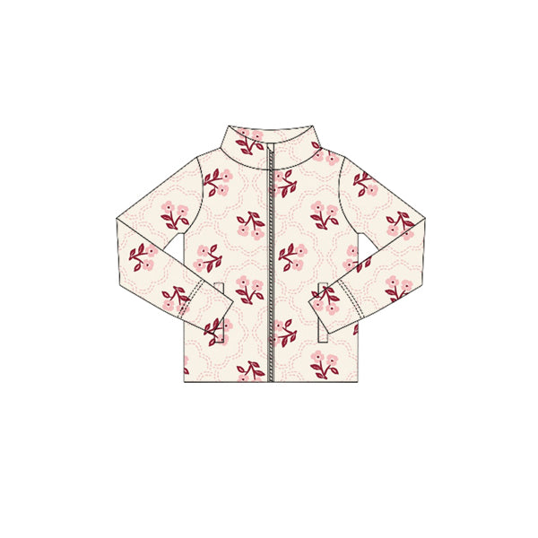 Preorder (moq 5)Baby Girls Long Sleeves Pink Flowers Plaid Zipper Pockets Jackets Top