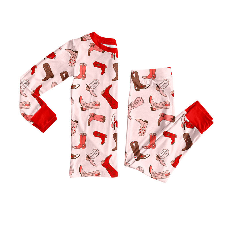 Preorder(moq 8)Baby Girls Hearts Boots Plaid Top Pants Pajamas Sets