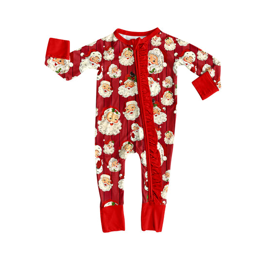 Preorder (moq 5)Baby Girls Santa Stripe Christmas Two Way Ruffle Zip Convertible Rompers