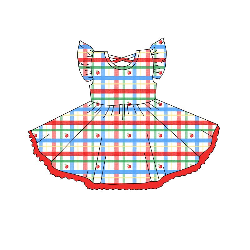 Baby Girls Flutter Sleeves Colorful Plaid Apples Knee Length Dresses Preorder