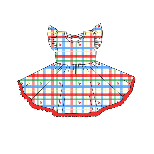Baby Girls Flutter Sleeves Colorful Plaid Apples Knee Length Dresses Preorder