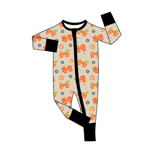 Preorder (moq 5)Baby Girls Ghosts Bows Pumpkins Halloween Two Way Zip Convertible Rompers