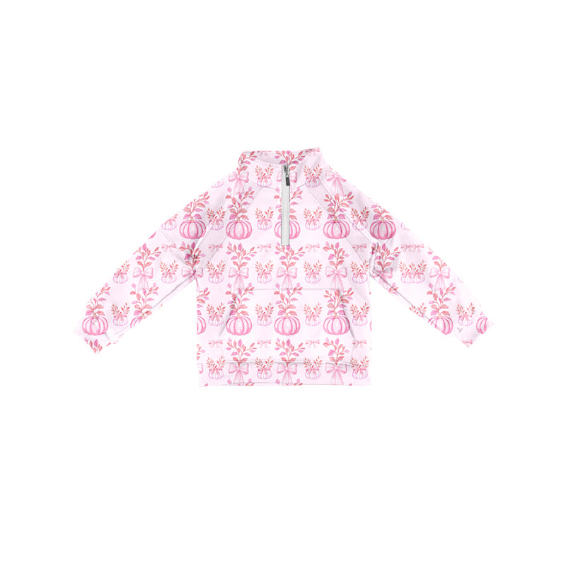 Preorder (moq 5)Baby Girls Long Sleeves Pink Bows Pumpkins Pocket Zipper Pullovers Top