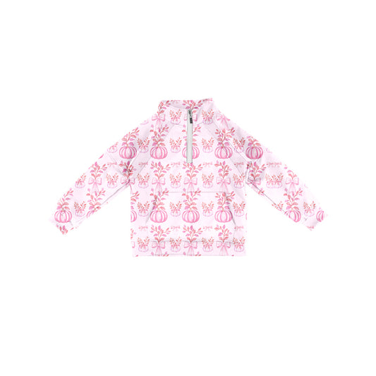Preorder (moq 5)Baby Girls Long Sleeves Pink Bows Pumpkins Pocket Zipper Pullovers Top