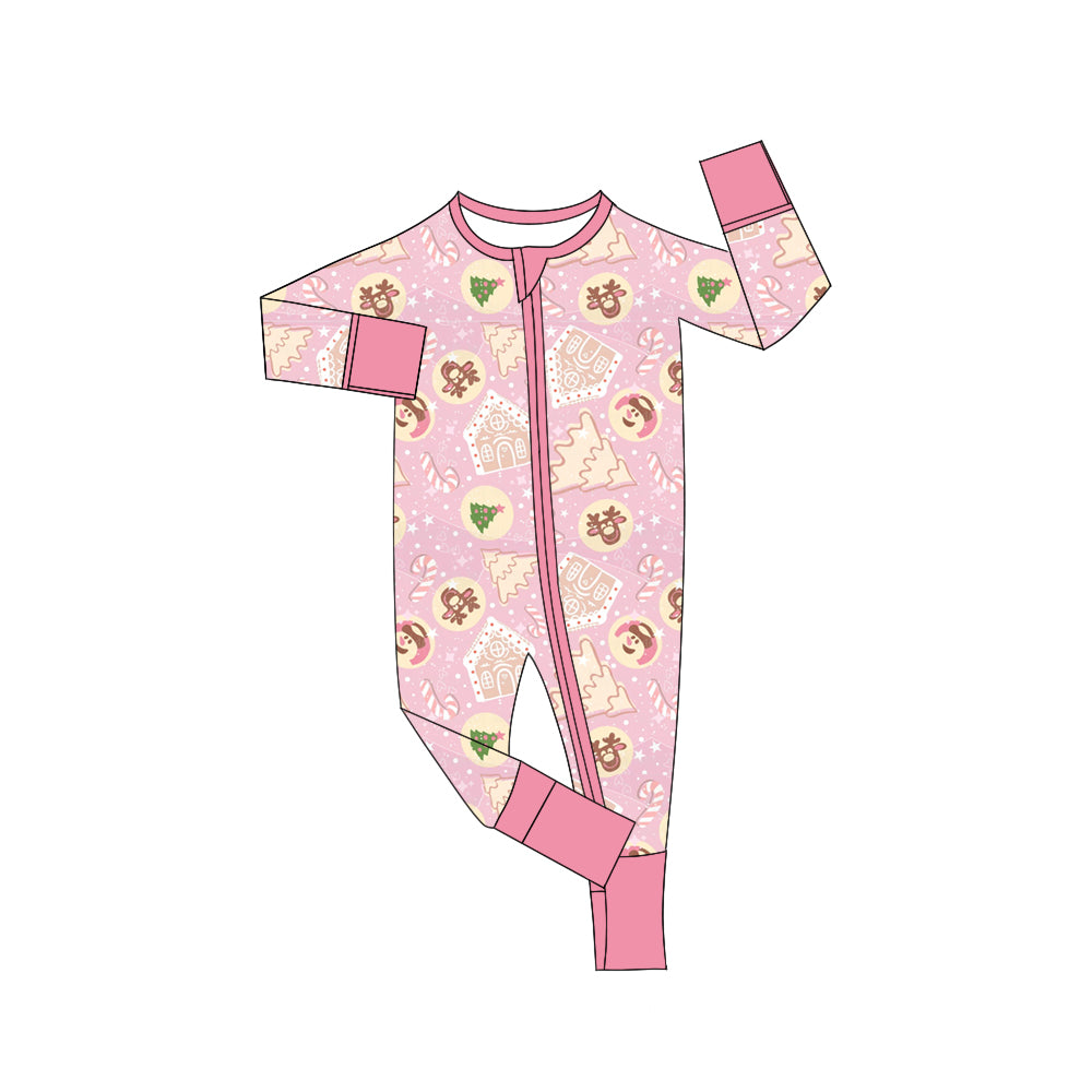Preorder (moq 5)Baby Girls Pink Long Sleeves Deer Trees Plaid Zipper Pant Rompers