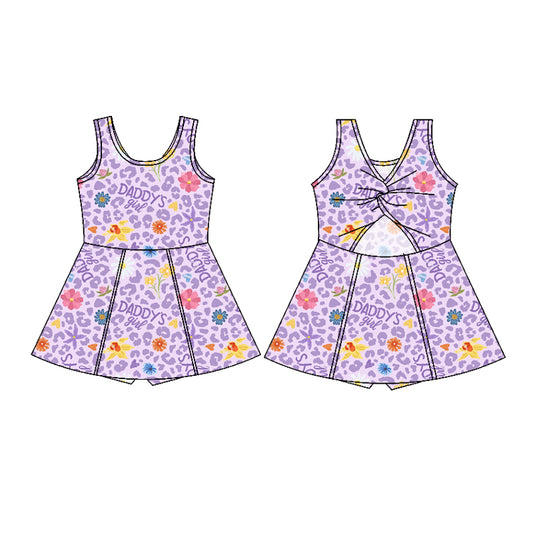 Preorder (moq 5)Baby Girls Sleeveless Lavender Leopard Daddy's Girl Shorts Knee Length Dresses