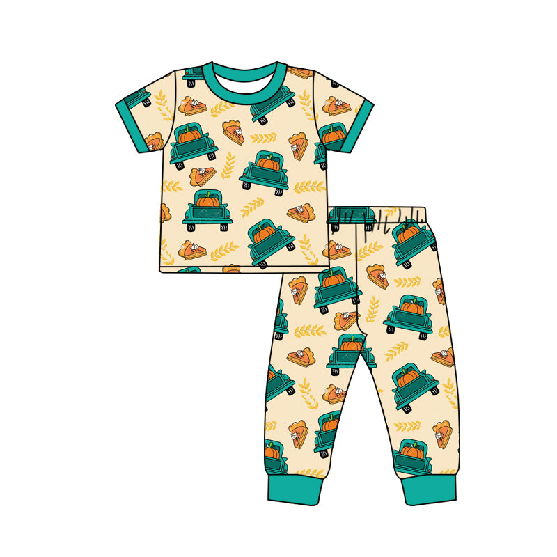 Preorder (moq 5)Baby Boys Green Short Sleeves Cake Pumpkin Trucks Top Pant Pajamas Set