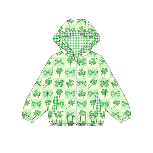 Preorder (moq5) Baby Girls Clovers Bows Checked Zip Pickets St Patrick Ruffle Hoodies Jacket Top