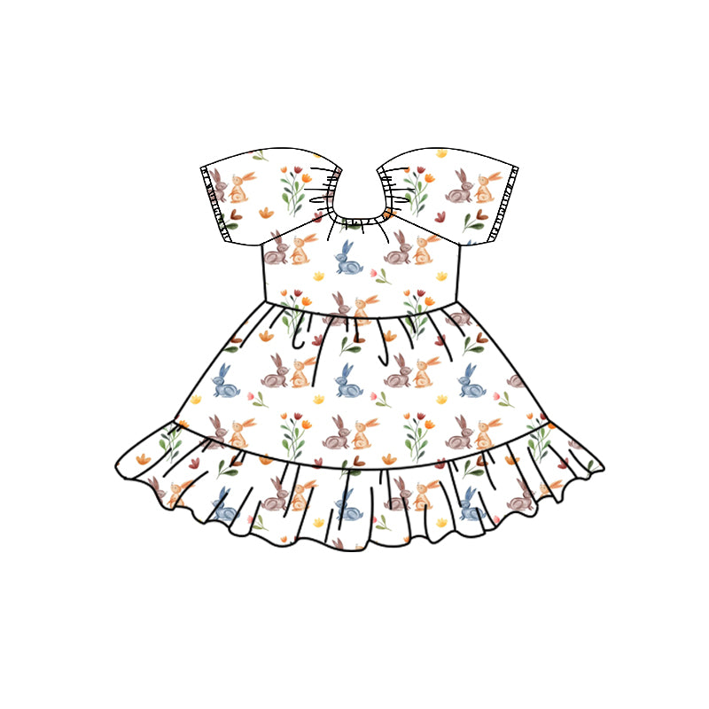 Preorder (moq 5)Baby Girls Colorful Flowers Rabbits Easter Ruffle Knee Length Dresses