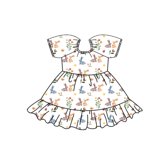 Preorder (moq 5)Baby Girls Colorful Flowers Rabbits Easter Ruffle Knee Length Dresses