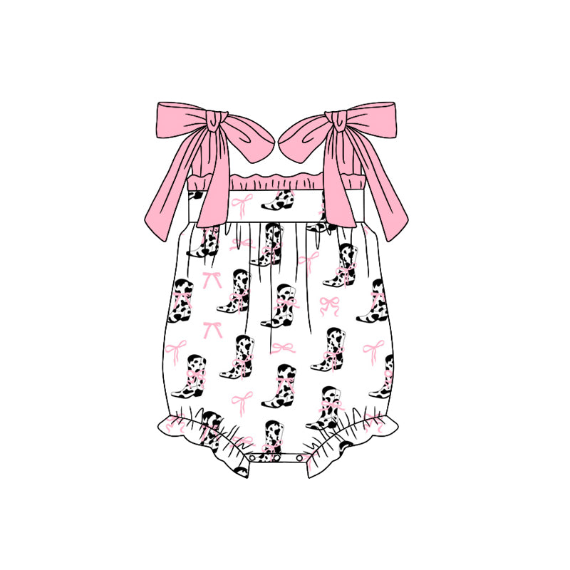Preorder(moq 5)Baby Infant Girls Pink Strap Bows Cow Print Boots Summer Rompers