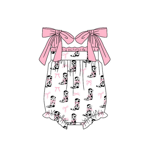 Preorder(moq 5)Baby Infant Girls Pink Strap Bows Cow Print Boots Summer Rompers