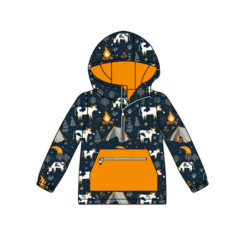 Preorder (moq 5)Baby Boys Cows Fire Adventure Pockets Zipper Western Hoodies Top