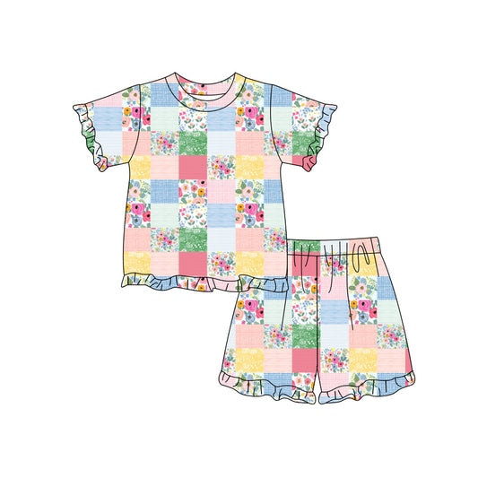 Preorder (moq 5)Baby Girls Colorful Checked Flowers Top Ruffle Short Clothes Sets