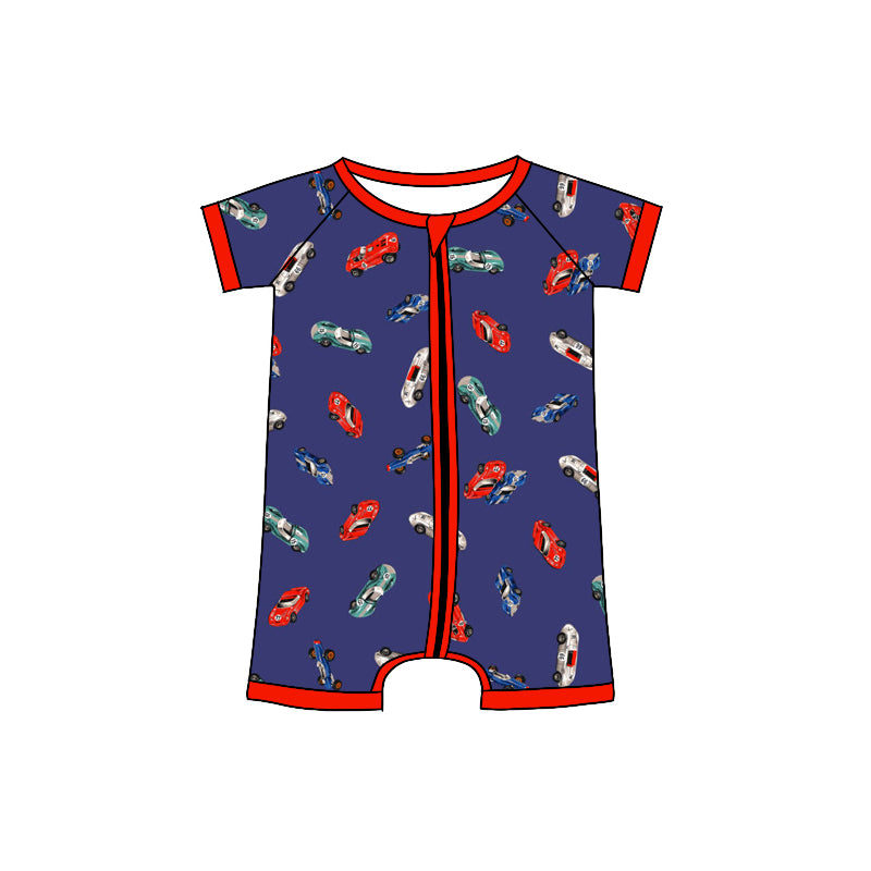 Preorder(moq 5)Baby Infant Boys Purple Cartoon Cars Zipper Rompers