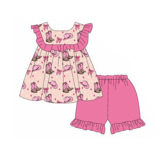 Preorder (moq 5)Baby Girls Pink Boots Bows Tunic Ruffle Shorts Western Clothes Sets