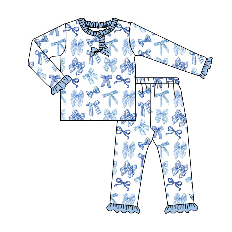 Preorder (moq 20)Baby Girls Bamboo Blue Bows Team Pajamas Sets