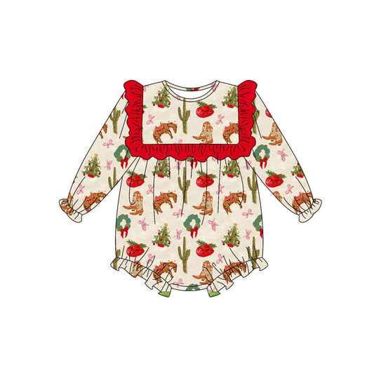Preorder (moq 8)Baby Girls Long Sleeve Holly Trees Horses Hats Christmas Ruffle Rompers