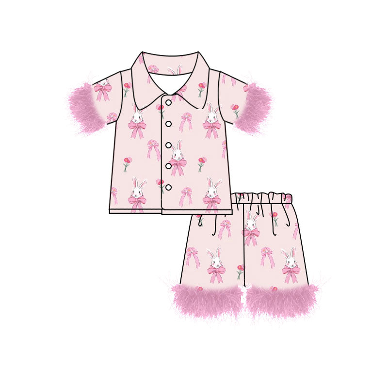 Preorder (moq 5)Baby Girls Flowers Rabbits Bows Button Top Shorts Easter Fur Pajamas Sets