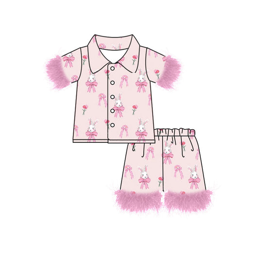 Preorder (moq 5)Baby Girls Flowers Rabbits Bows Button Top Shorts Easter Fur Pajamas Sets