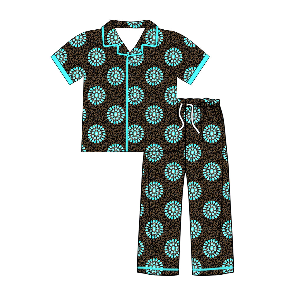 Preorder (moq 5)Baby Kids Short Sleeve Camo Turquoises Button Top Pants Western Pajamas Sets