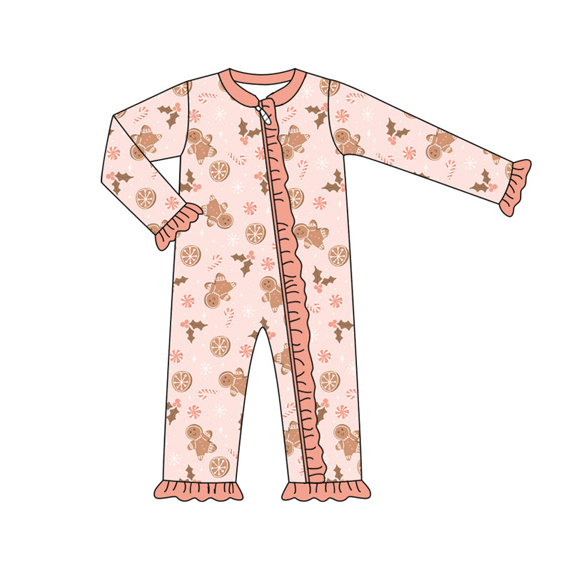 Preorder (moq 5)Baby Girls Long Sleeves Peach Holly Gingerbread Ruffle Zipper Romper