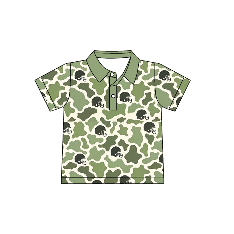 Preorder (moq 5) Baby Boy Clothes Light Sage Camo Football Helmet Print Short Sleeve Polo Shirt