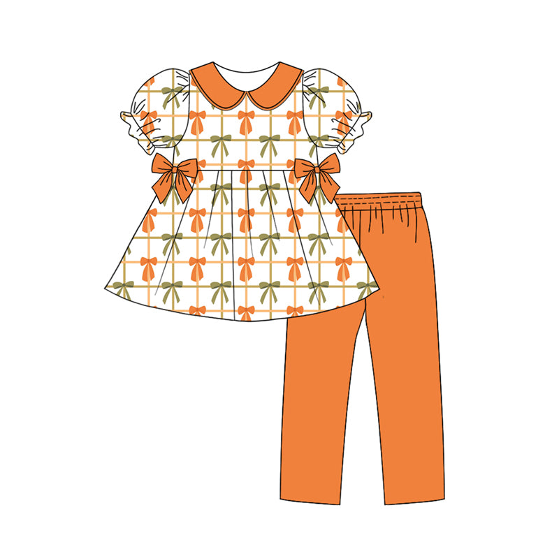 Preorder (moq 5)Baby Girls Orange Short Ruffle Sleeves Colorful Bows Plaid Tunic Legging Pant Set