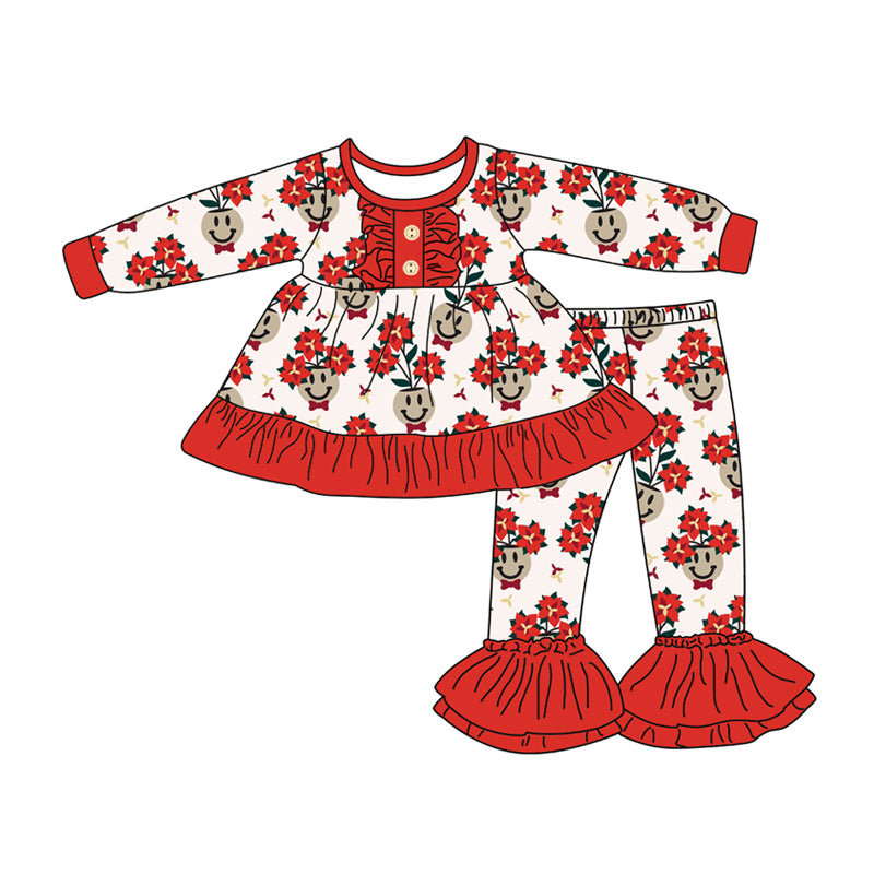 Preorder (moq 5)Baby Girls Long Sleeves Red Flowers Smiles Button Tunic Bell Bottom Pants Set