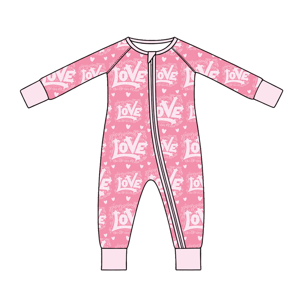 Preorder (moq 5) Baby Girl Clothes Valentine Sweetheart Word Heart Mixed Print Long Sleeve Zipper Romper